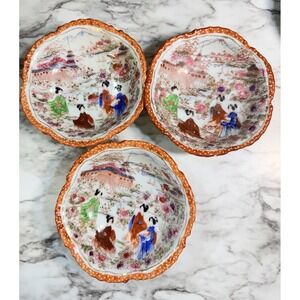 VTG ~ 3 ~‎ HANDPAINTED JAPANESE GEISHAWARE PORCELAIN SCALLOP EDGE BOWLS (2631)